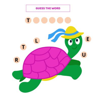 Kelimeyi tahmin et. Şirin kaplumbağalı çocuklar için eğitici bir oyun. Çocuklar için oyun..