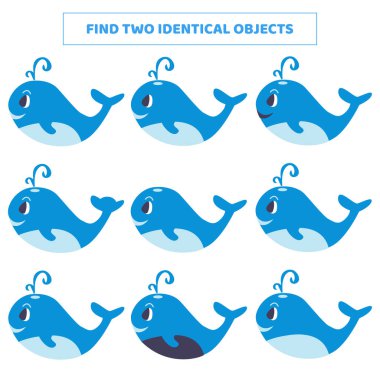 Birbirinin aynı iki nesne. Çizgi film balinasıyla eşleştirme oyunu.