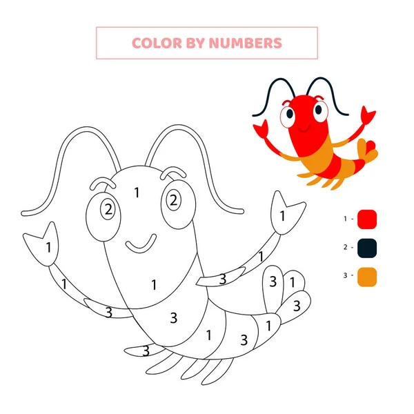 Rakamlarla renklendirilmiş şirin karidesler. Çocuklar için çalışma tablosu.