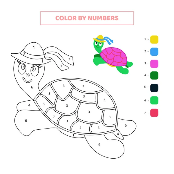 Kolor Ładny Żółw Przez Numery Arkusz Pracy Dla Dzieci — Wektor stockowy