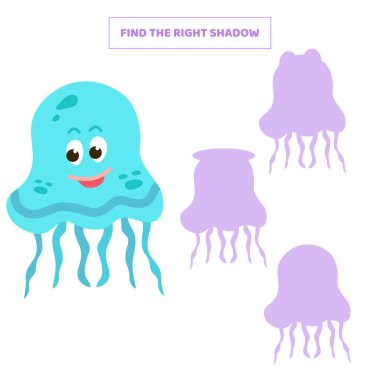 Çizgi film denizanası için doğru gölgeyi bul. Çocuklar için eğitici bir oyun.