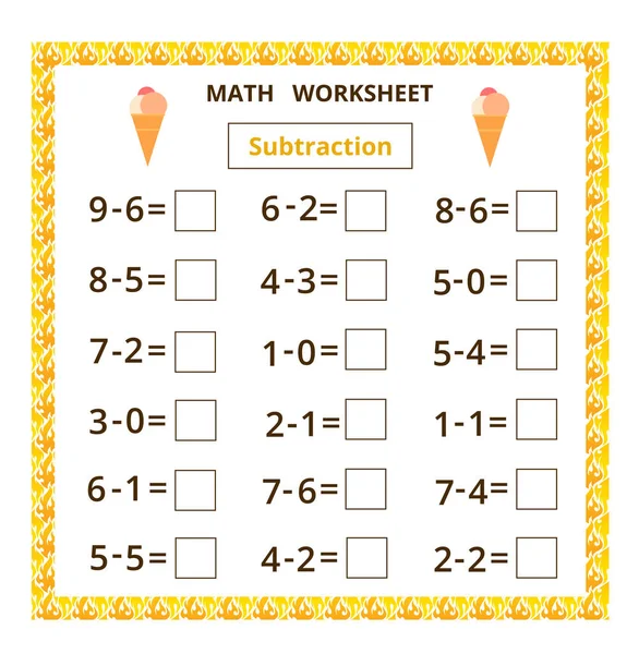 Matematik ödevi. Çıkarma. Çocuklar için karikatür dondurmalı eğitim kartı..