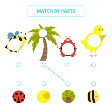 Match cute cartoon pictures by parts. Game for kids.