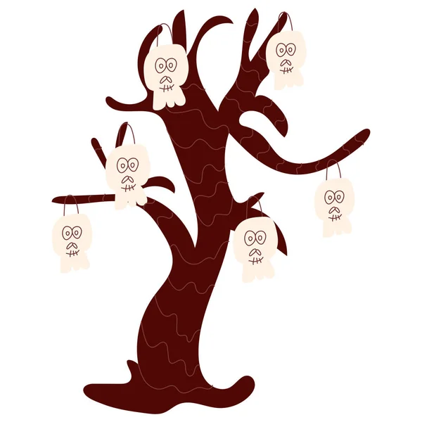 Ikone Eines Niedlichen Handgezeichneten Doodle Halloween Baum Mit Totenkopf — Stockvektor