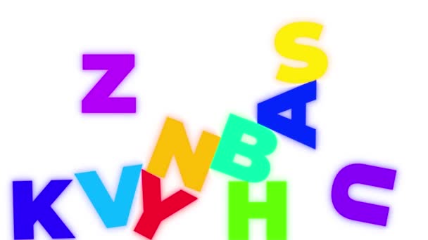 Разноцветные Светящиеся Буквы Алфавита Падают Сверху Заполняют Белый Экран — стоковое видео