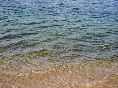 Güzel, kristal kadar berrak, açık mavi ve turkuaz şeffaf su dokusu. Suyun hareketindeki güneşin parlak yansımasıyla bembeyaz kum tabanı. Su arkaplanı