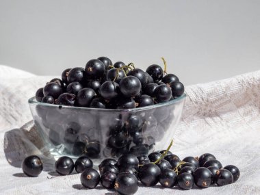 Beyaz masa örtüsü üzerinde ve parlak güneş ışığında cam kasede mükemmel olgun kuşüzümü (ribes nigrum) yakın çekim. Sağlıklı atıştırmalıklar. Yazın tadı