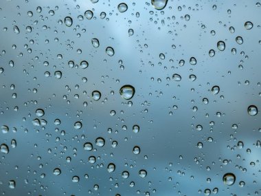 Büyük, yuvarlak su damlacıklarıyla dolu bir makro çekim yağmurdan sonra arka planda dramatik, kara bulutlar