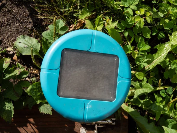 Ultrasonic, solar-powered mole repellent or repeller device in the soil in a vegetable bed. Device with beeping keep out pests