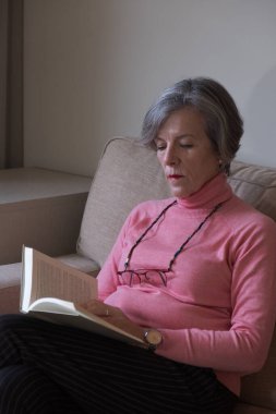 Gözlüklü yaşlı kadın kanepede dinleniyor ve kitap okuyor. Hobi kavramı.