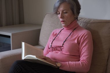 Kanepede kitap okuyan son sınıf öğrencisi bir kadın. Hobi kavramı.