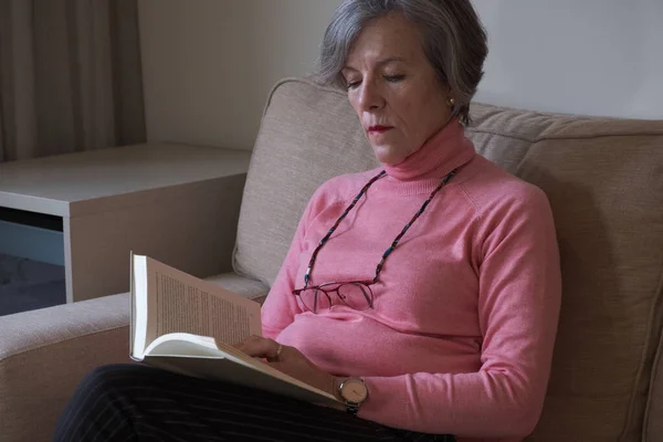 Kanepede kitap okuyan son sınıf öğrencisi bir kadın. Hobi kavramı.