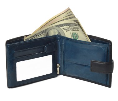 Beyaz arka plan üzerinde izole paralar (dolar) ile mavi çanta.