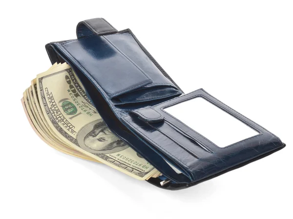 Open blue leather wallet with money — Stock Photo, Image