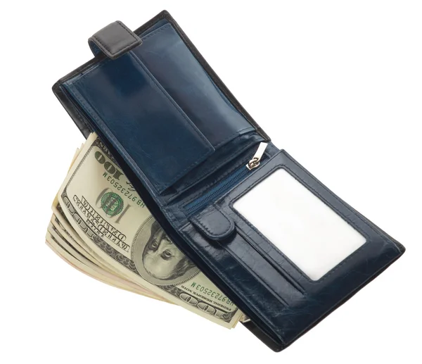 Open blue leather wallet with money — Stock Photo, Image