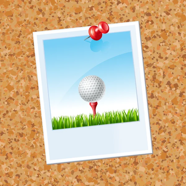 Raad van bestuur met een foto een golfbal op een tee op een gras met rode punaise — Stockvector