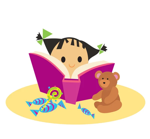 Carino bambina con libro e giocattoli — Vettoriale Stock