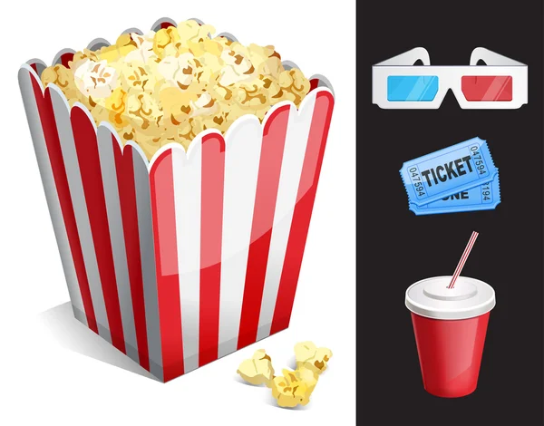 Symboles de cinéma. 3-d lunettes, billet, soda, pop-corn — Image vectorielle