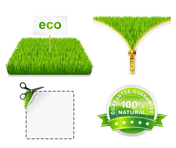 Verde hierba eco. Cremallera abierta. Vector tijeras corte pegatina . — Vector de stock