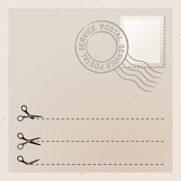Carta vieja con sello. Tijeras con líneas de corte — Archivo Imágenes Vectoriales
