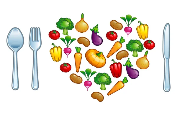 Assiette avec coeur de légumes. Couteau, cuillère et fourchette — Image vectorielle
