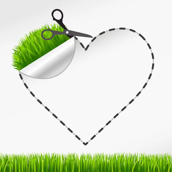 Vector sscissors cut heart sticker. Green grass — Stock Vector