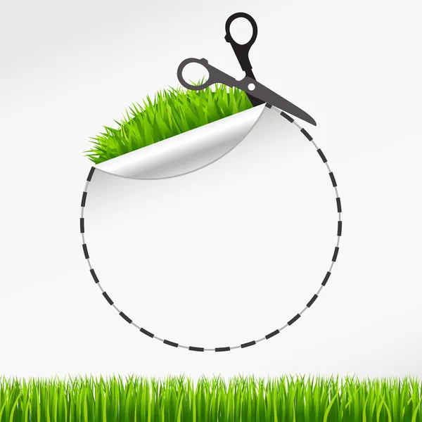 Wektor nożyczki wyciąć okrągłe naklejki. Zielona trawa — Wektor stockowy