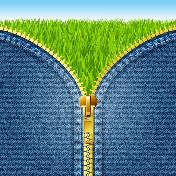 Reißverschluss offen auf Jeans-Textur. grünes Gras. — Stockvektor