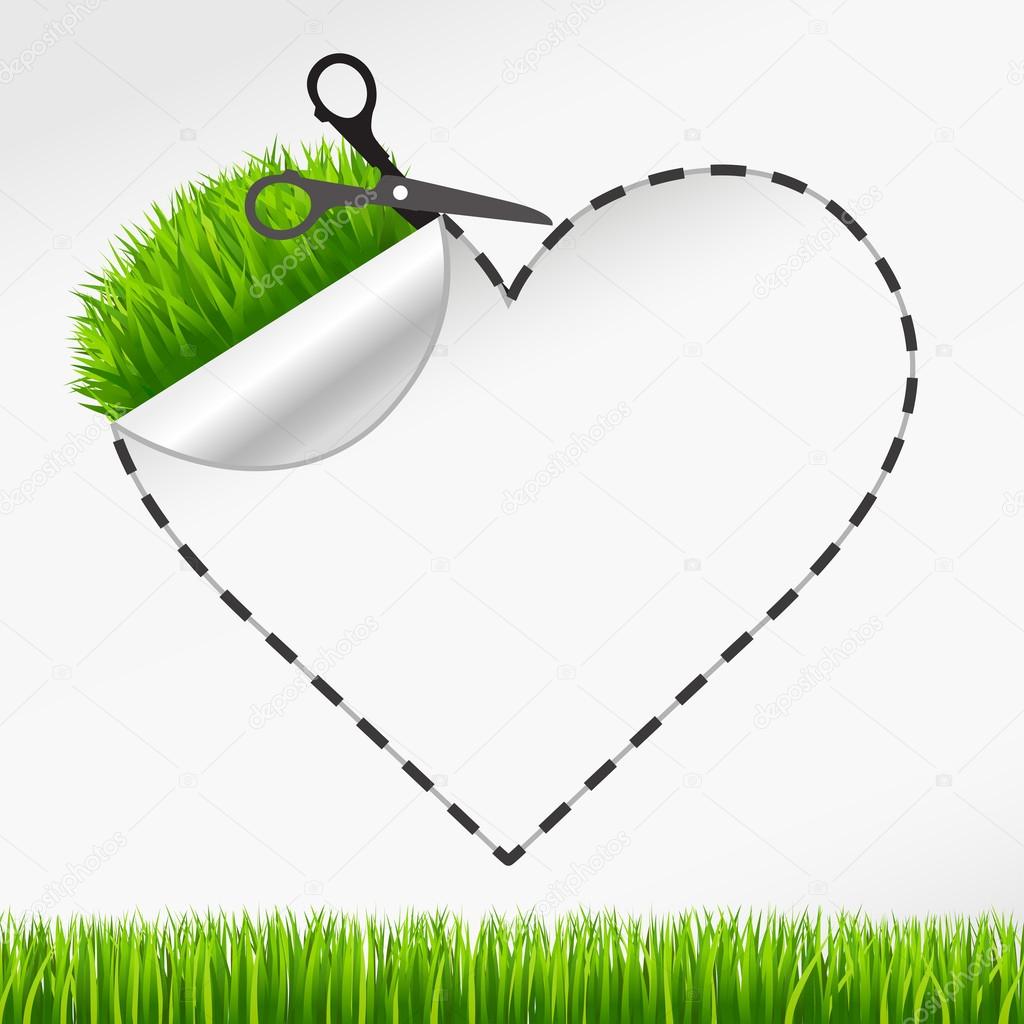 Vector sscissors cut heart sticker. Green grass
