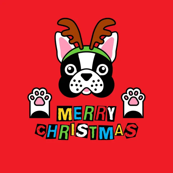 Kırmızı üzerine Noel geyiği kostümlü Bulldog. — Stok Vektör