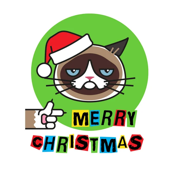 Mürrische Katze mit Weihnachtsmütze. Frohe Weihnachten — Stockvektor