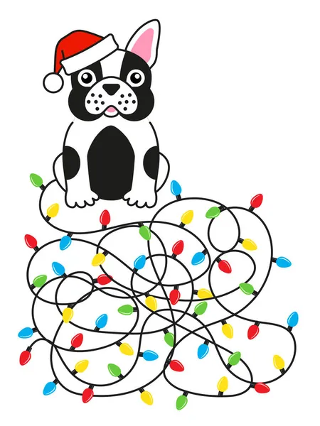 Hund Bulldogge verwirrt Weihnachtsbeleuchtung Grußkarte — Stockvektor