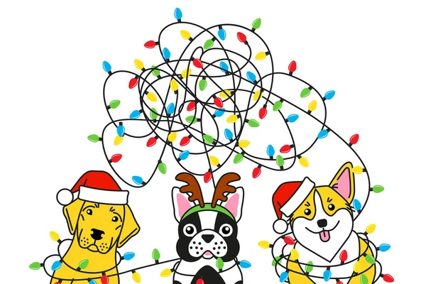 Hunde verhedderten Weihnachtsbeleuchtung in Weihnachtshirsch — Stockvektor