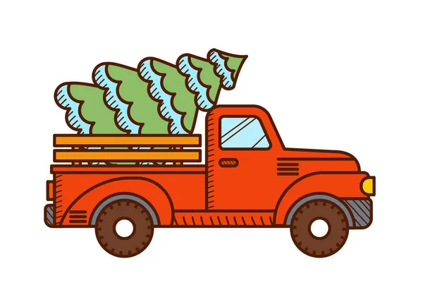 Винтажный красный рождественский грузовик с рождественской елкой — стоковый вектор
