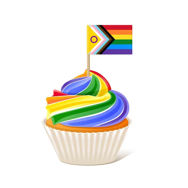 Rainbow cupcake met LGBTQ Progress Pride Flag — Stockvector