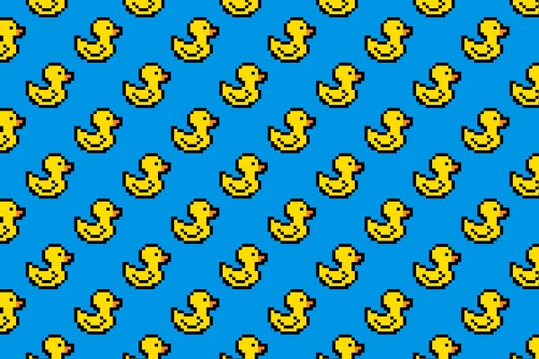 Pixel art canard jaune caoutchouc. Modèle sans couture — Image vectorielle