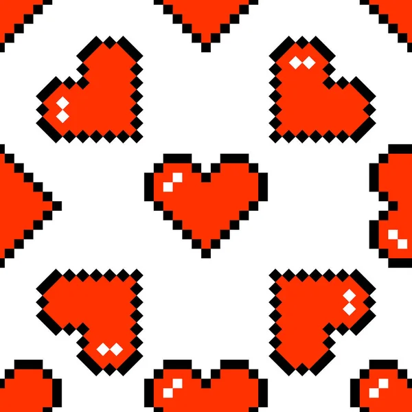 Red heart shape pixel art seamless pattern — Vetor de Stock