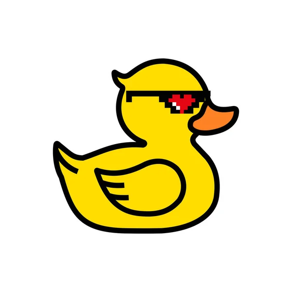 Pato amarillo de goma en gafas de sol pixel con corazón — Vector de stock