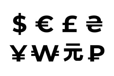 Para birimi sembolleri. Dolar, euro pound, yen, hryvnia