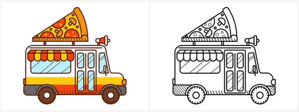 Pizza Van Coloring Page Kids Cartoon Food Truck Isolated White — Stock Vector