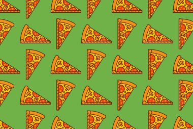 Yeşil arka planda dilimsiz pizza deseni. Çizgi film pizza yemeği.