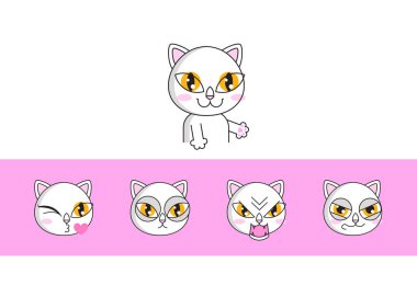 Kedi surat ifadesi. Farklı yüz ifadelerine sahip beyaz kedi yüzü beyaz arka planda izole edilmiş çıkartmalar yerleştirdi