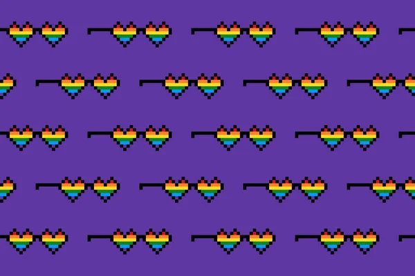 Duhové Srdce Tvar Pixel Umění Bezešvé Vzor Pozadí Brýle Mem — Stockový vektor