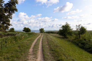 Güneşli bir günde, Zempin 'deki Achterwasser adasında yürüyüş yolunda tek başına.