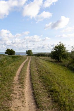 Güneşli bir günde, Zempin 'deki Achterwasser adasında yürüyüş yolunda tek başına.