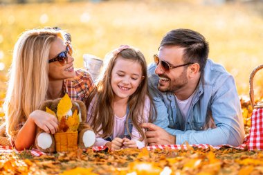 Parkta neşeli bir aile pikniği. Aile pikniği. Güneşli bir günde aile pikniği..