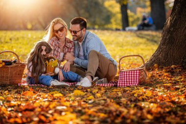 Parkta neşeli bir aile pikniği. Aile pikniği. Güneşli bir günde aile pikniği..