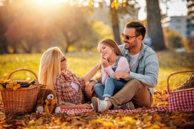 Parkta neşeli bir aile pikniği. Aile pikniği. Güneşli bir günde aile pikniği..