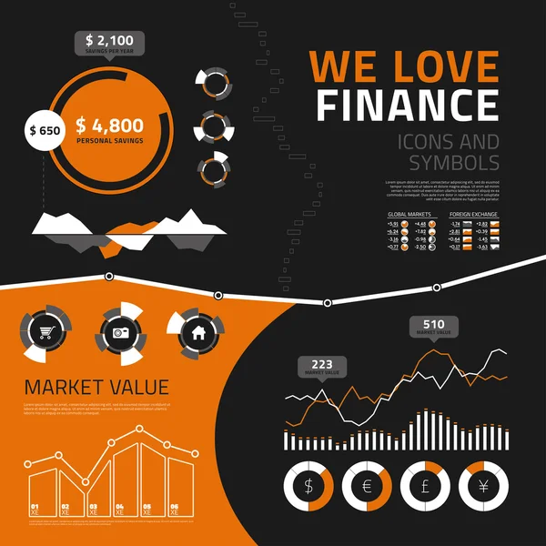 Elementos, iconos y símbolos de la infografía financiera — Archivo Imágenes Vectoriales