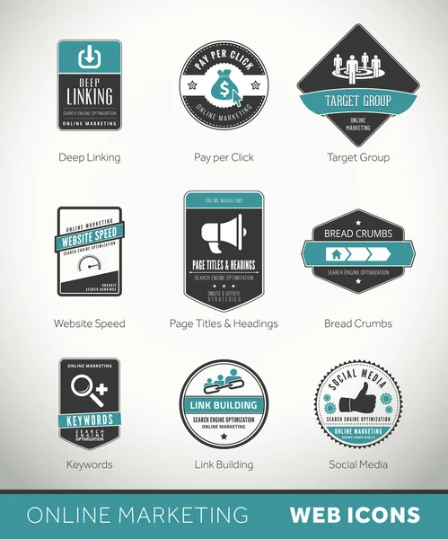 Étiquettes et badges marketing en ligne avec icônes — Image vectorielle